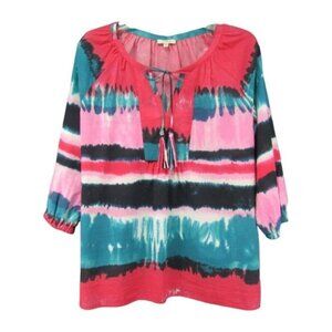 Tyler Boe Red Blue Pink Black Tasseled Tie Dye Stripe Top Size S 3/4 Sleeve